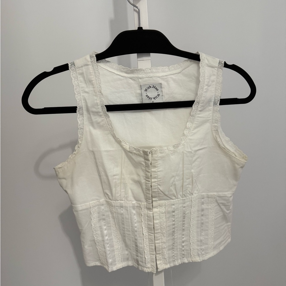 With Jean White Lace-Trim Cropped Tank Top